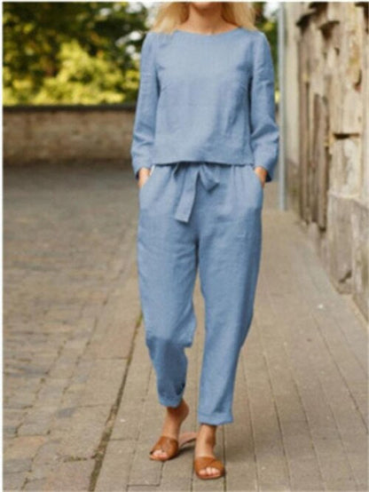 Leinen Set Damen Zweiteiler Shirt Hose Sommer
