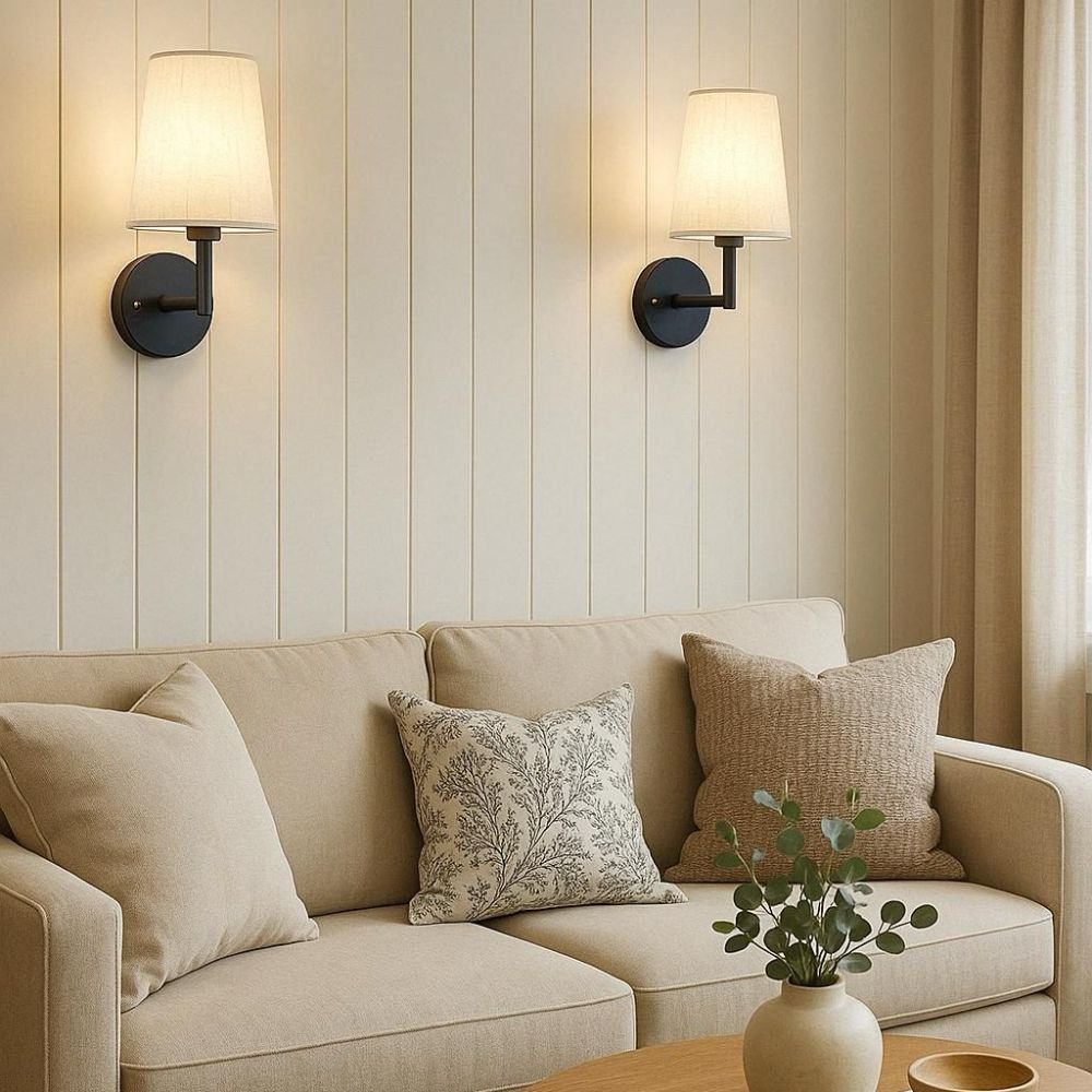 Kabellose Wandleuchten mit Stoffschirm (2er-Set + 2 Gratis-Leuchtmittel)