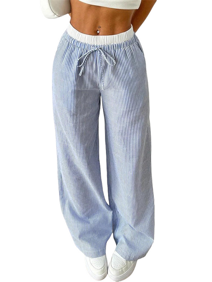 Damen Gestreifte Freizeithose mit Kordelzug und weitem Bein