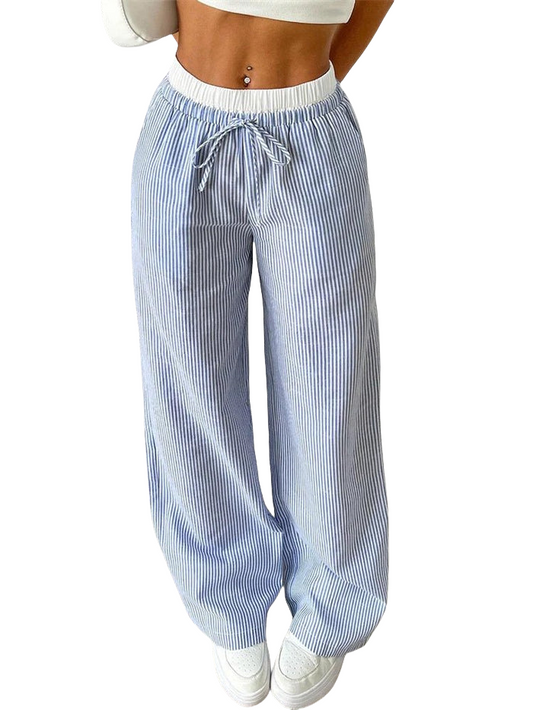 Damen Gestreifte Freizeithose mit Kordelzug und weitem Bein