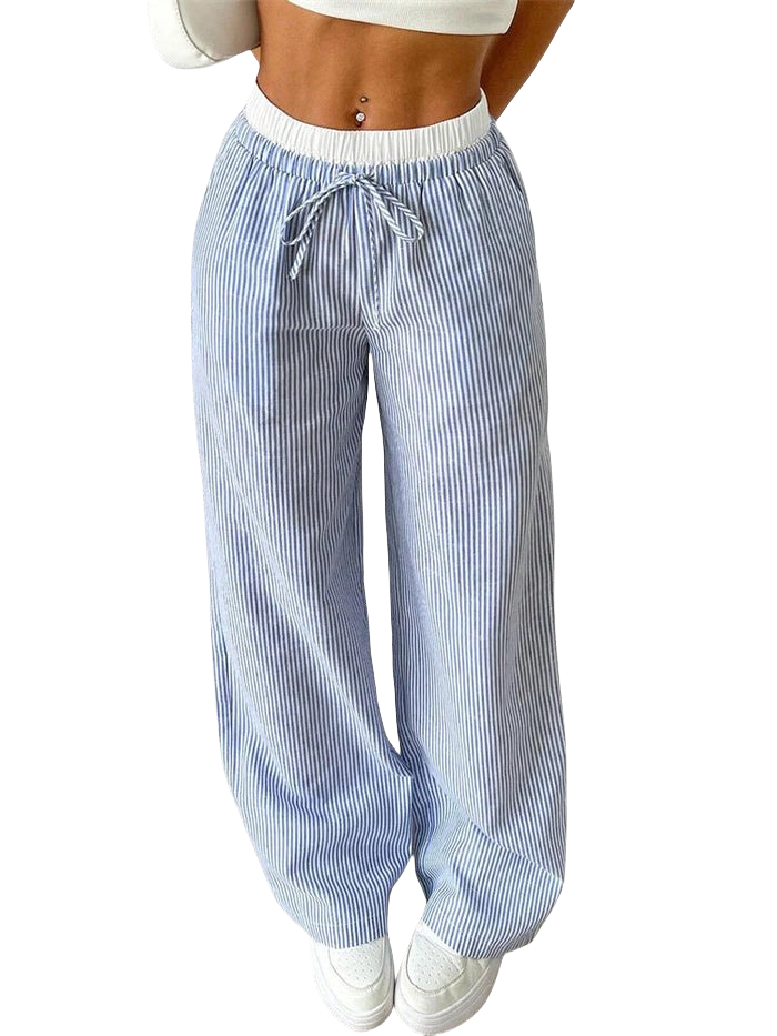 Damen Gestreifte Freizeithose mit Kordelzug und weitem Bein