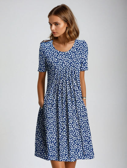 Damen Sommerkleid mit Blumenmuster aus Baumwolle mit kurzen Ärmeln