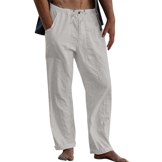 Herren Freizeithose aus Baumwoll-Leinen in Uni-Farbe mit Tunnelzug