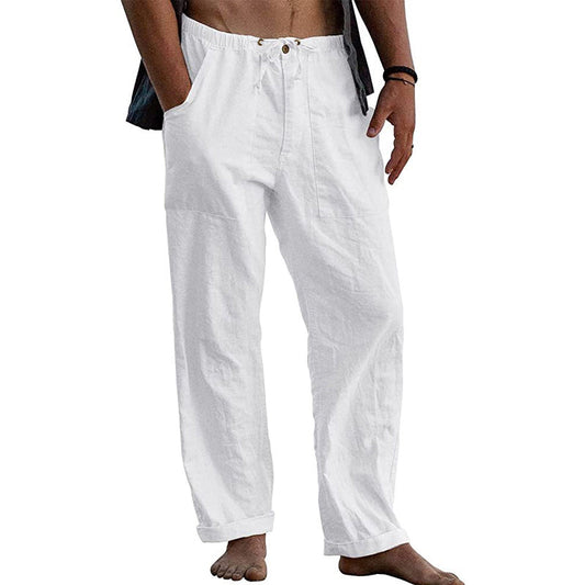 Herren Freizeithose aus Baumwoll-Leinen in Uni-Farbe mit Tunnelzug