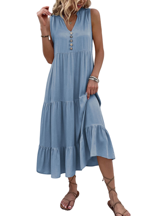 Sommerkleid Damen ärmellos mit Knopfleiste und Stufenrock luftig bequem