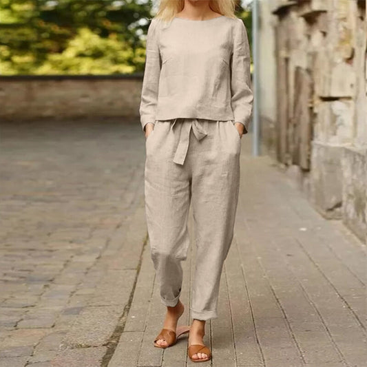 Leinen Set Damen Zweiteiler Shirt Hose Sommer