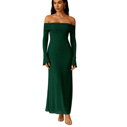 Maxikleid Damen Off Shoulder – Pailletten mit Flounce Ärmeln