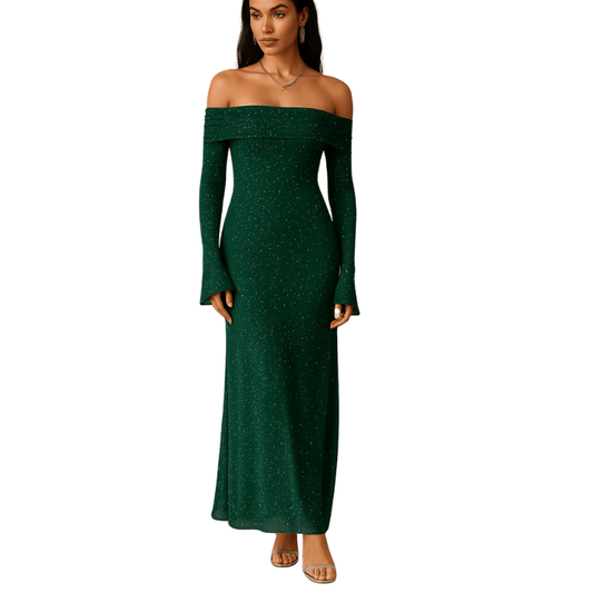 Maxikleid Damen Off Shoulder – Pailletten mit Flounce Ärmeln