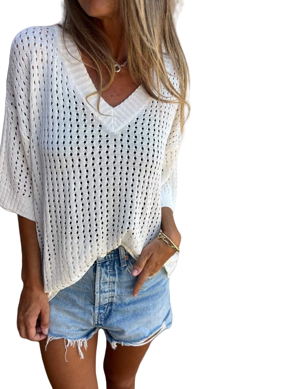 Damen Häkel-Strickpullover mit V-Ausschnitt und weitem Schnitt