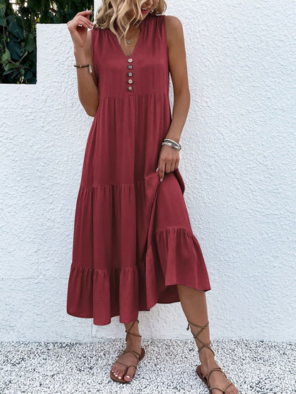 Sommerkleid Damen ärmellos mit Knopfleiste und Stufenrock luftig bequem