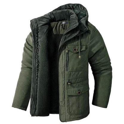 Gefütterte Herren-Winterjacke mit Kapuze und funktionalen Taschen