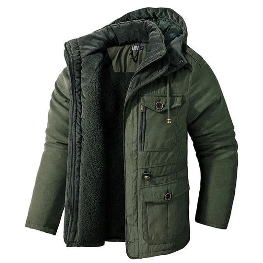 Gefütterte Herren-Winterjacke mit Kapuze und funktionalen Taschen