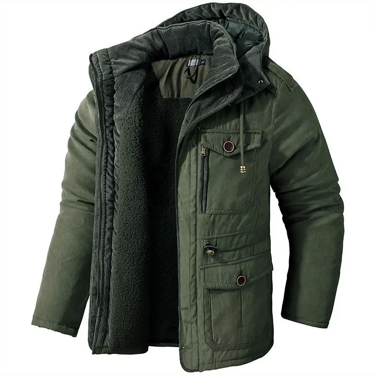 Gefütterte Herren-Winterjacke mit Kapuze und funktionalen Taschen