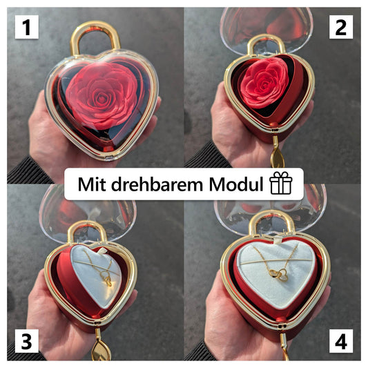 Herzschloss Rosenbox – mit Doppelherz Halskette und echter Rose