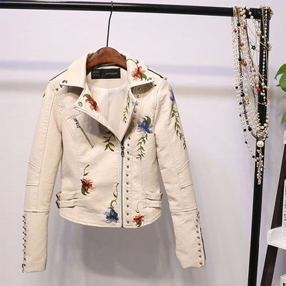 Bestickte Damen Kunstlederjacke im Bikerstil