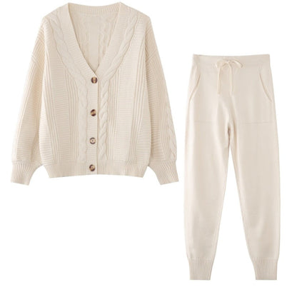 Damen Strick-Zweiteiler mit Cardigan und Hose gemütlich für Herbst und Winter