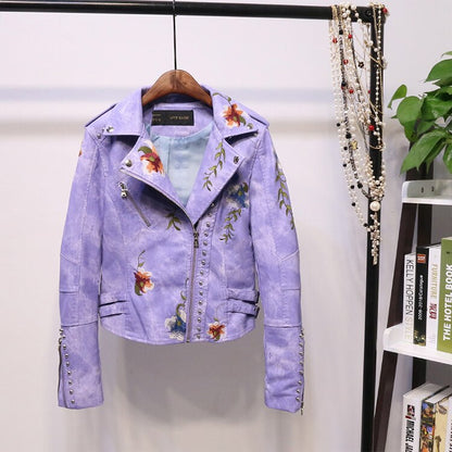 Bestickte Damen Kunstlederjacke im Bikerstil