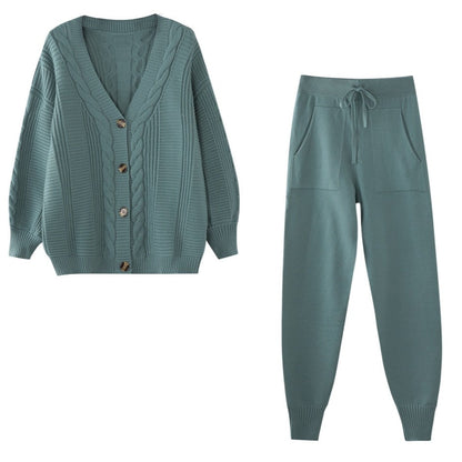 Damen Strick-Zweiteiler mit Cardigan und Hose gemütlich für Herbst und Winter