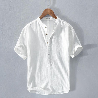 Herren Baumwoll Leinen Shirt mit Stehkragen Kurzarm