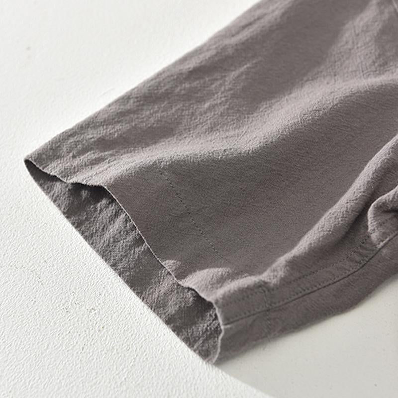 Herren Baumwoll Leinen Shirt mit Stehkragen Kurzarm