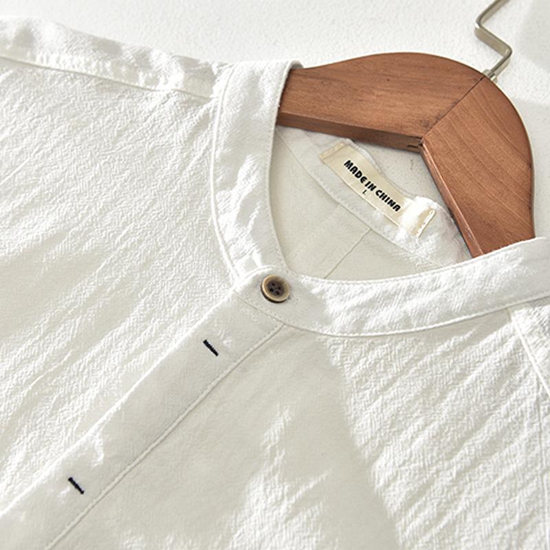 Herren Baumwoll Leinen Shirt mit Stehkragen Kurzarm