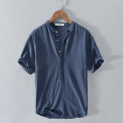 Herren Baumwoll Leinen Shirt mit Stehkragen Kurzarm