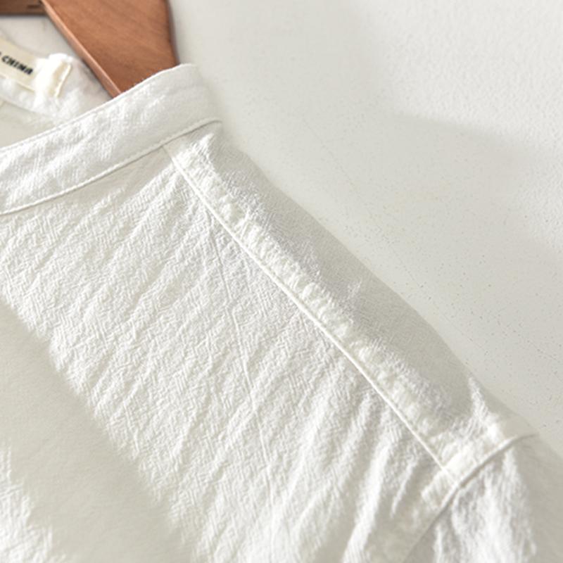 Herren Baumwoll Leinen Shirt mit Stehkragen Kurzarm
