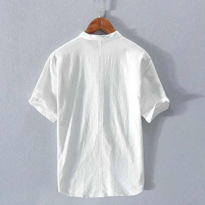 Herren Baumwoll Leinen Shirt mit Stehkragen Kurzarm