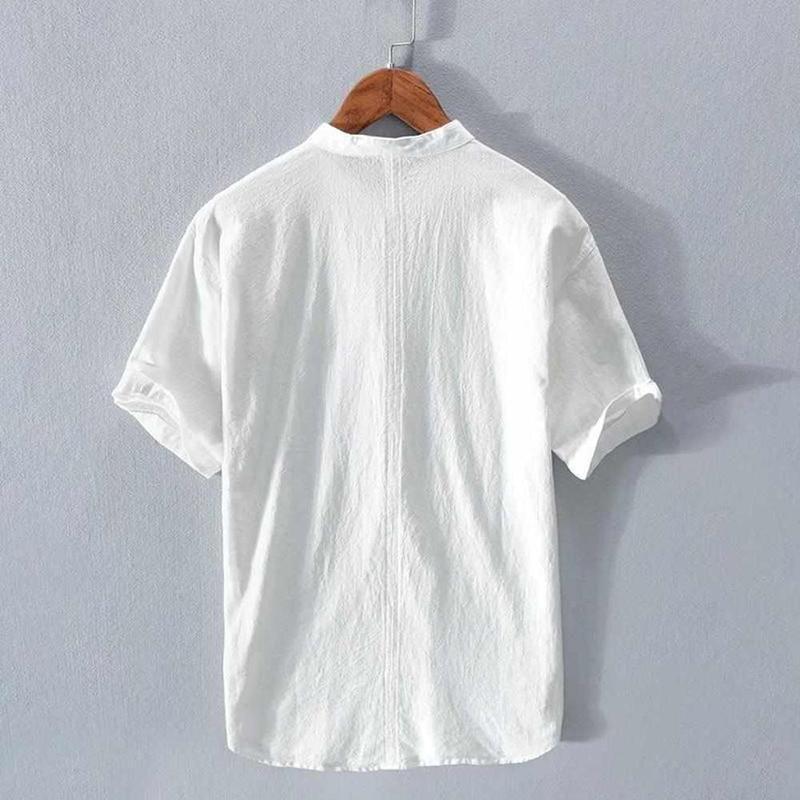 Herren Baumwoll Leinen Shirt mit Stehkragen Kurzarm
