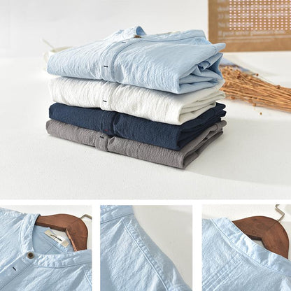 Herren Baumwoll Leinen Shirt mit Stehkragen Kurzarm