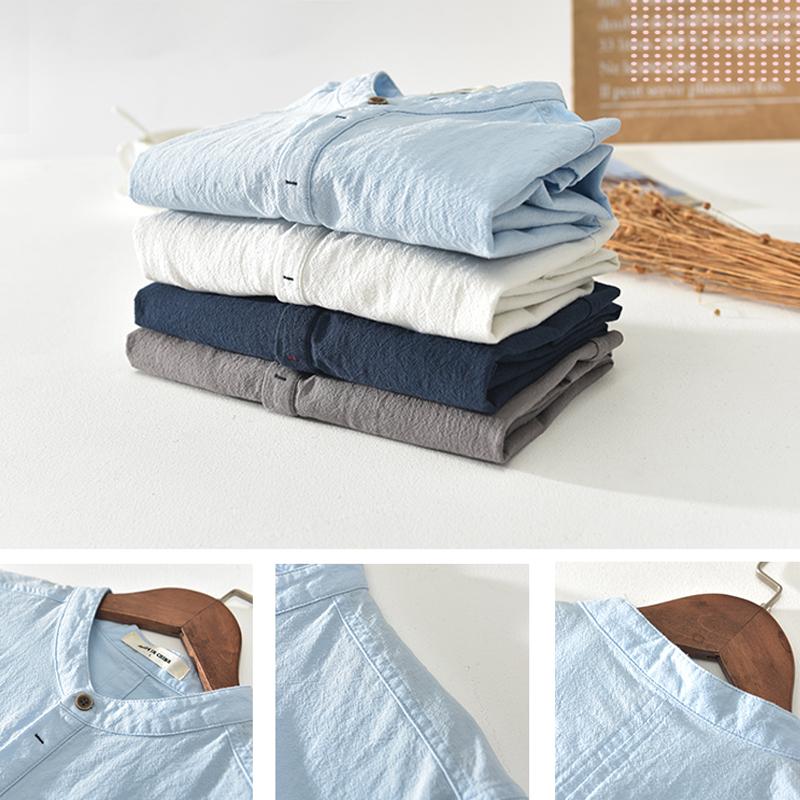 Herren Baumwoll Leinen Shirt mit Stehkragen Kurzarm