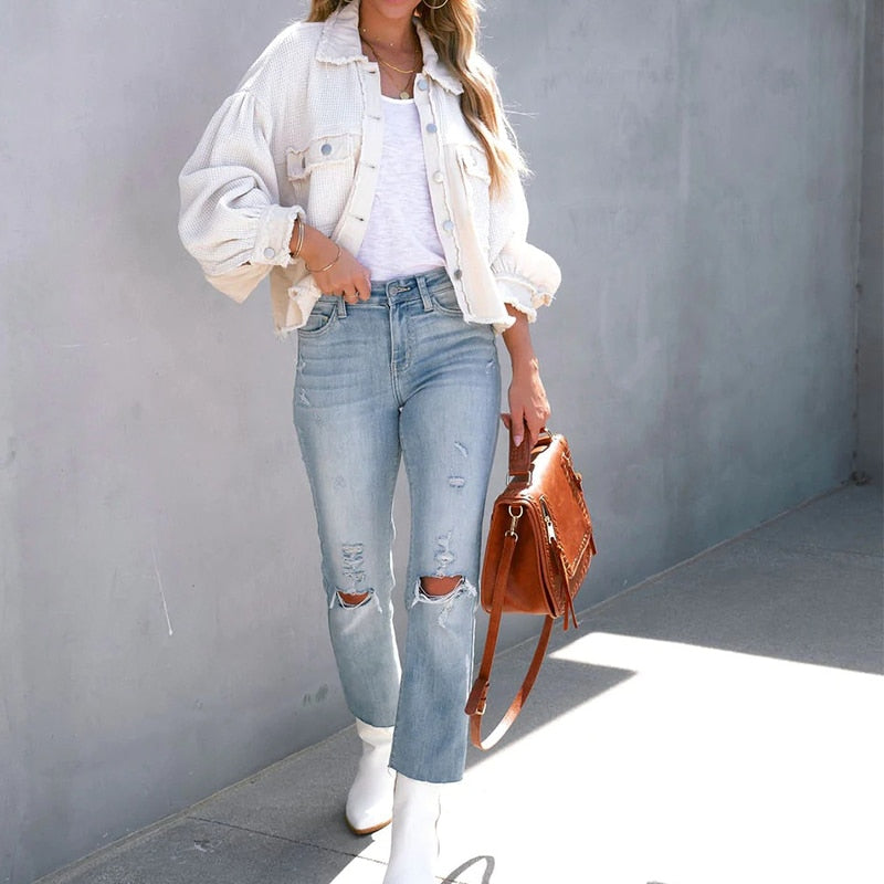 Damen Kurzjacke mit Puffärmeln modisch für Herbst und Frühling