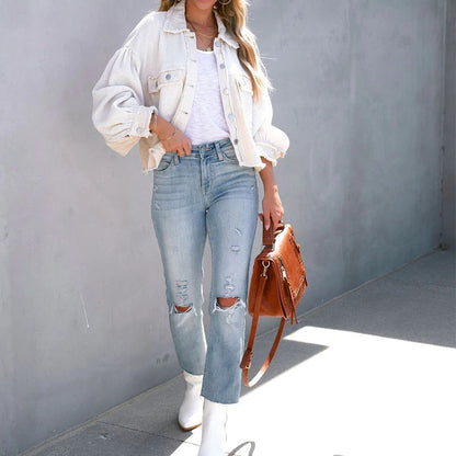 Damen Kurzjacke mit Puffärmeln modisch für Herbst und Frühling