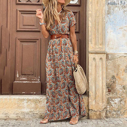 Boho Maxikleid Damen mit Muster und Schlitz für Sommer Urlaub Strand