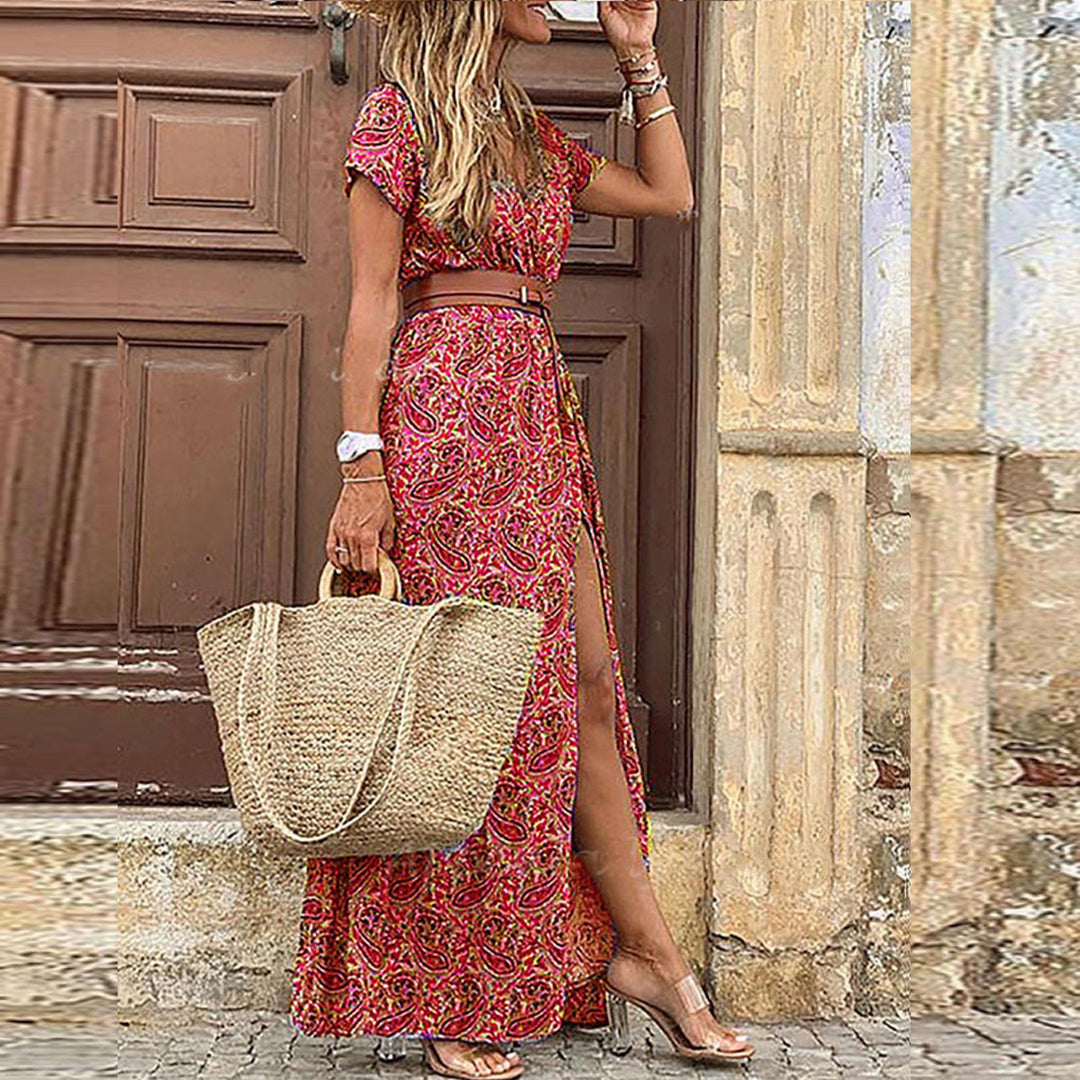 Boho Maxikleid Damen mit Muster und Schlitz für Sommer Urlaub Strand