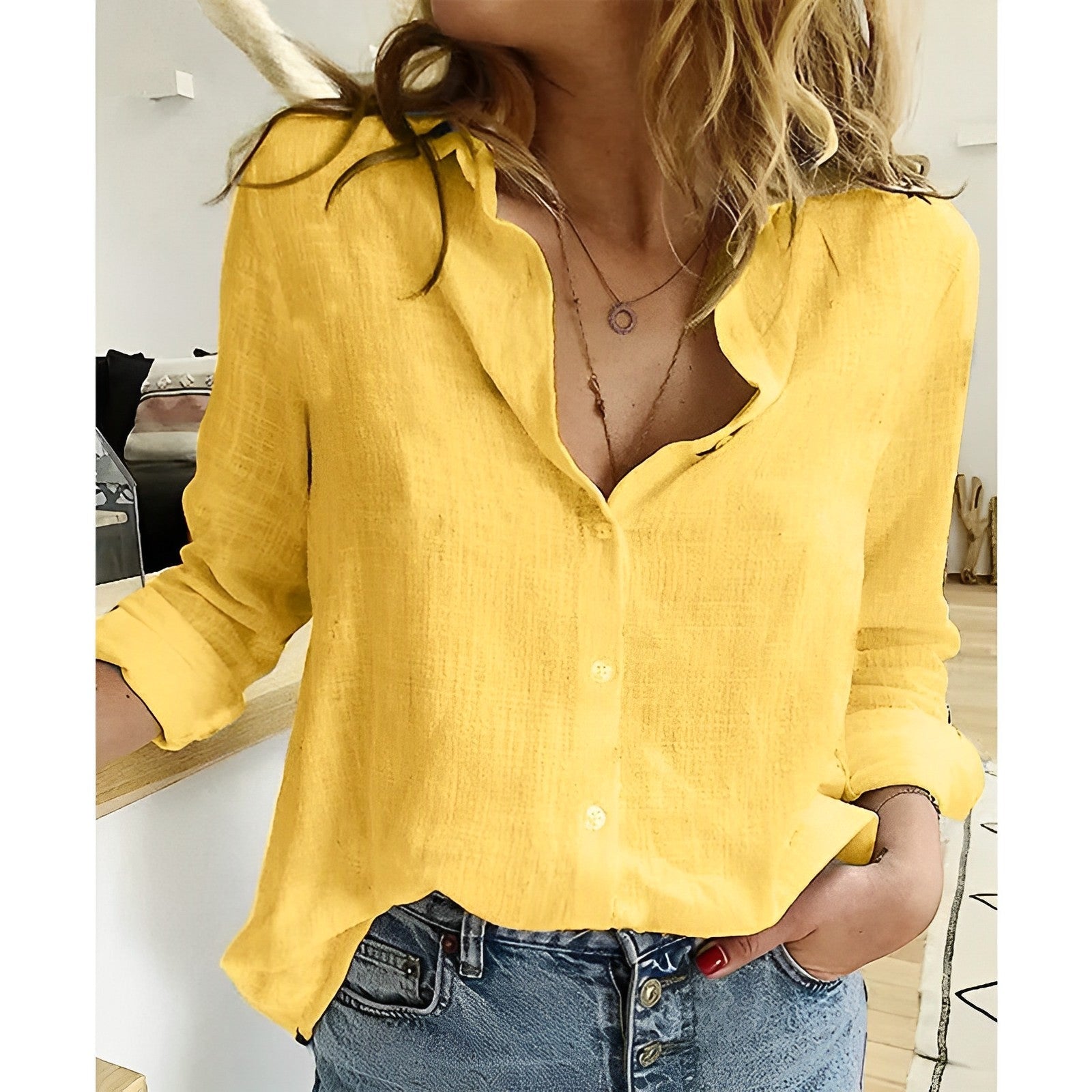 Lockere Damen Bluse aus Baumwolle und Leinen mit V-Ausschnitt