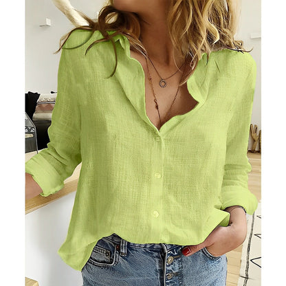 Lockere Damen Bluse aus Baumwolle und Leinen mit V-Ausschnitt