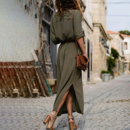 Freizeitkleid Damen Langarm Baumwolle Leinen Knopfkleid
