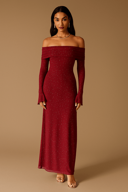 Maxikleid Damen Off Shoulder – Pailletten mit Flounce Ärmeln