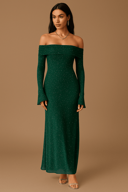 Maxikleid Damen Off Shoulder – Pailletten mit Flounce Ärmeln