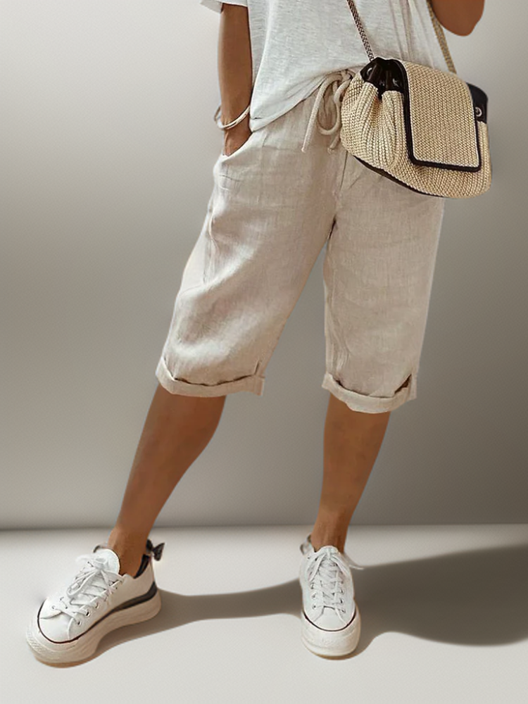 Damen Leinen-Shorts mit Kordelzug und Umschlag