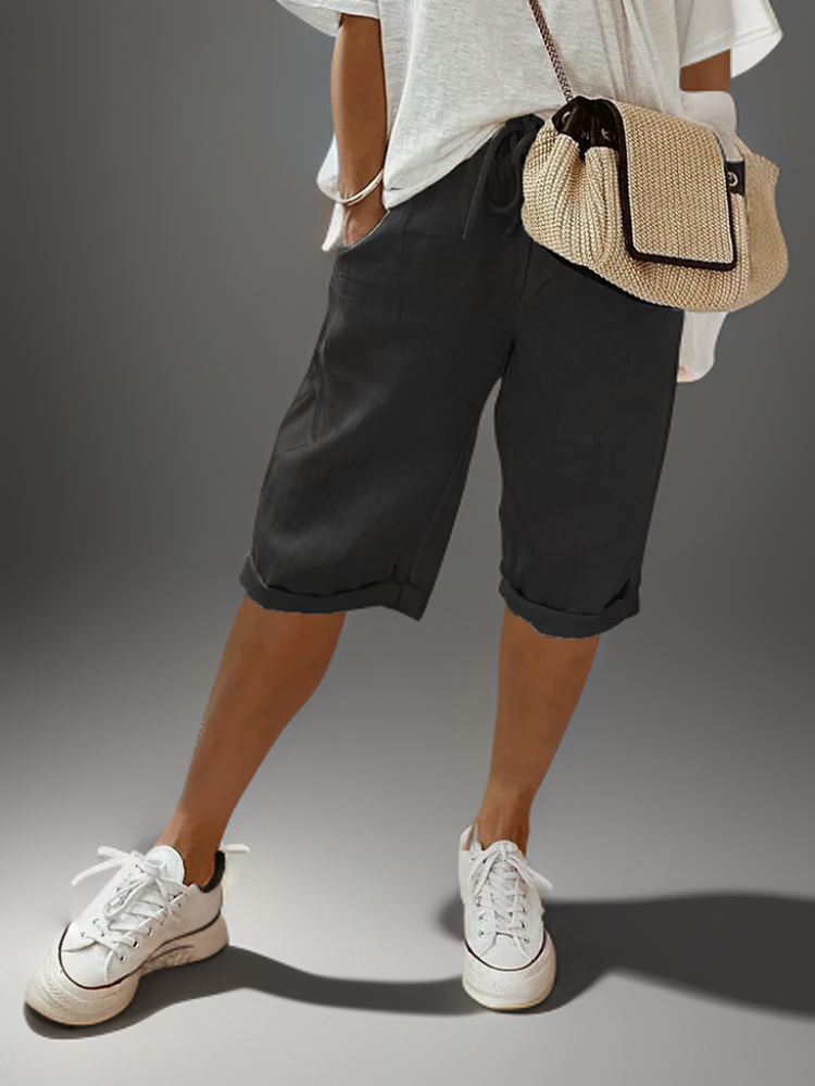 Damen Leinen-Shorts mit Kordelzug und Umschlag
