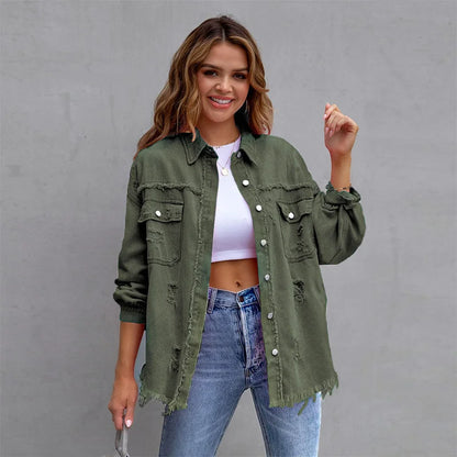 Damen Boho Jeansjacke mit Fransen im Slim Fit für Frühling Sommer
