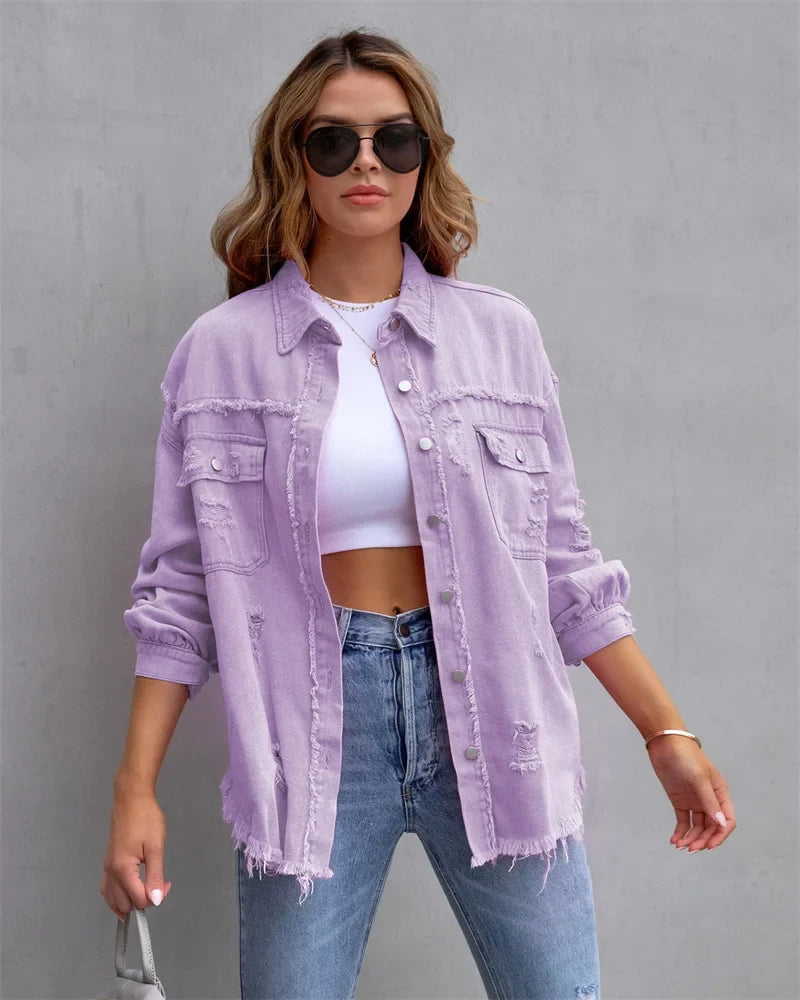 Damen Boho Jeansjacke mit Fransen im Slim Fit für Frühling Sommer