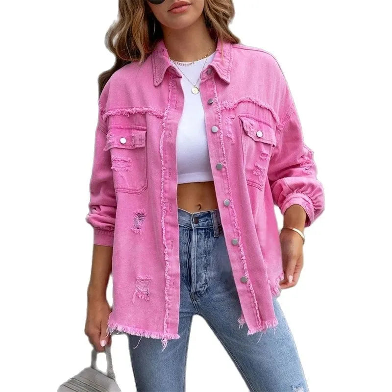 Damen Boho Jeansjacke mit Fransen im Slim Fit für Frühling Sommer