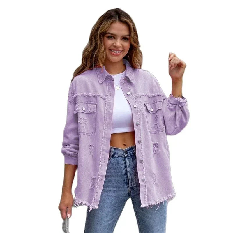 Damen Boho Jeansjacke mit Fransen im Slim Fit für Frühling Sommer