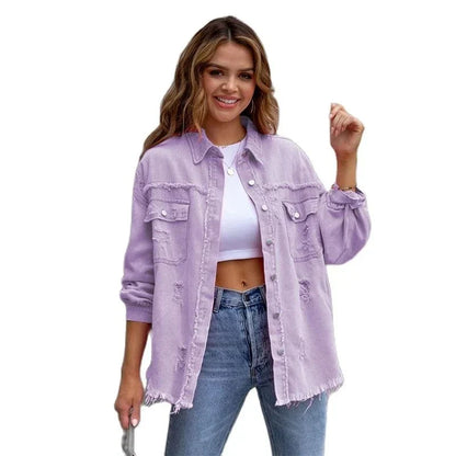 Damen Boho Jeansjacke mit Fransen im Slim Fit für Frühling Sommer
