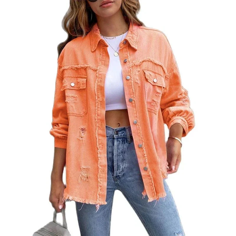 Damen Boho Jeansjacke mit Fransen im Slim Fit für Frühling Sommer