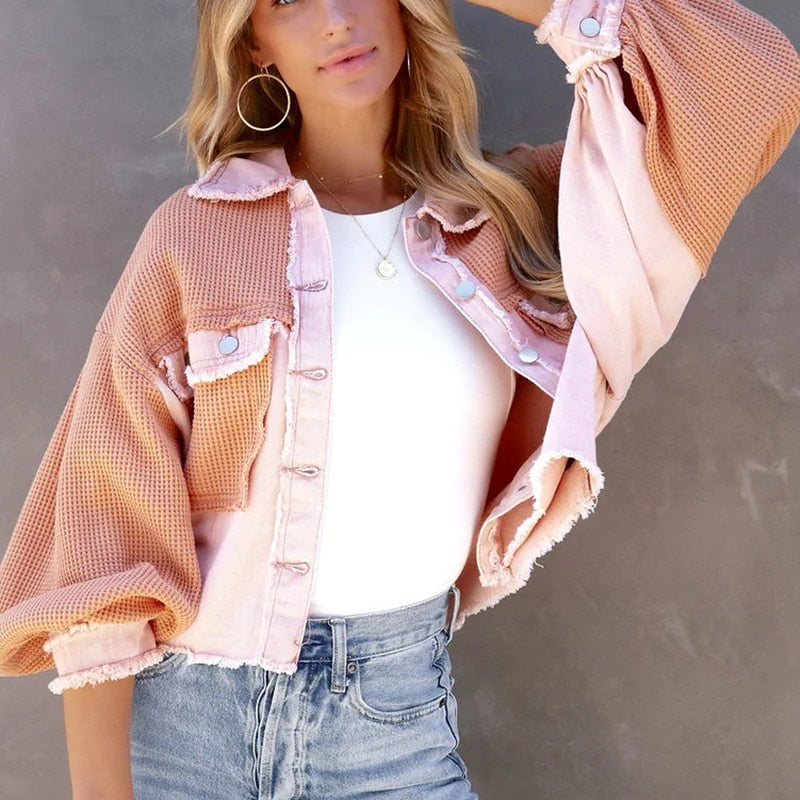 Damen Kurzjacke mit Puffärmeln modisch für Herbst und Frühling