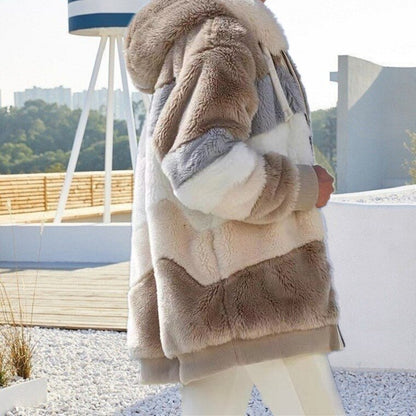 Damen Fleecejacke mit Kapuze Farbblock Optik für Herbst & Winter
